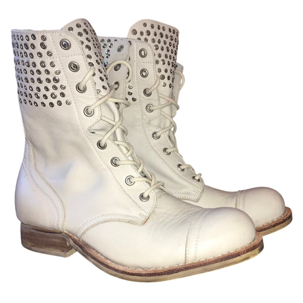 Jeffrey Campbell Bone White Studded Leather Lace Up Cap Toe Combat Boot Womens 8
